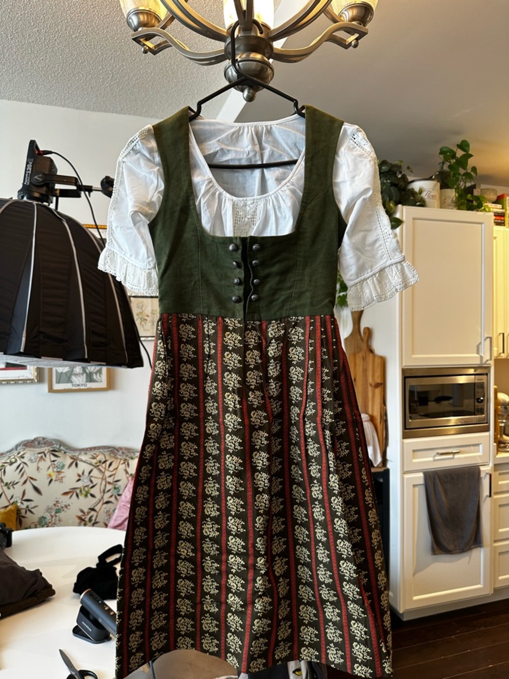 Olive Green, Brown and Red Dirndl Traditional Women's German Dress